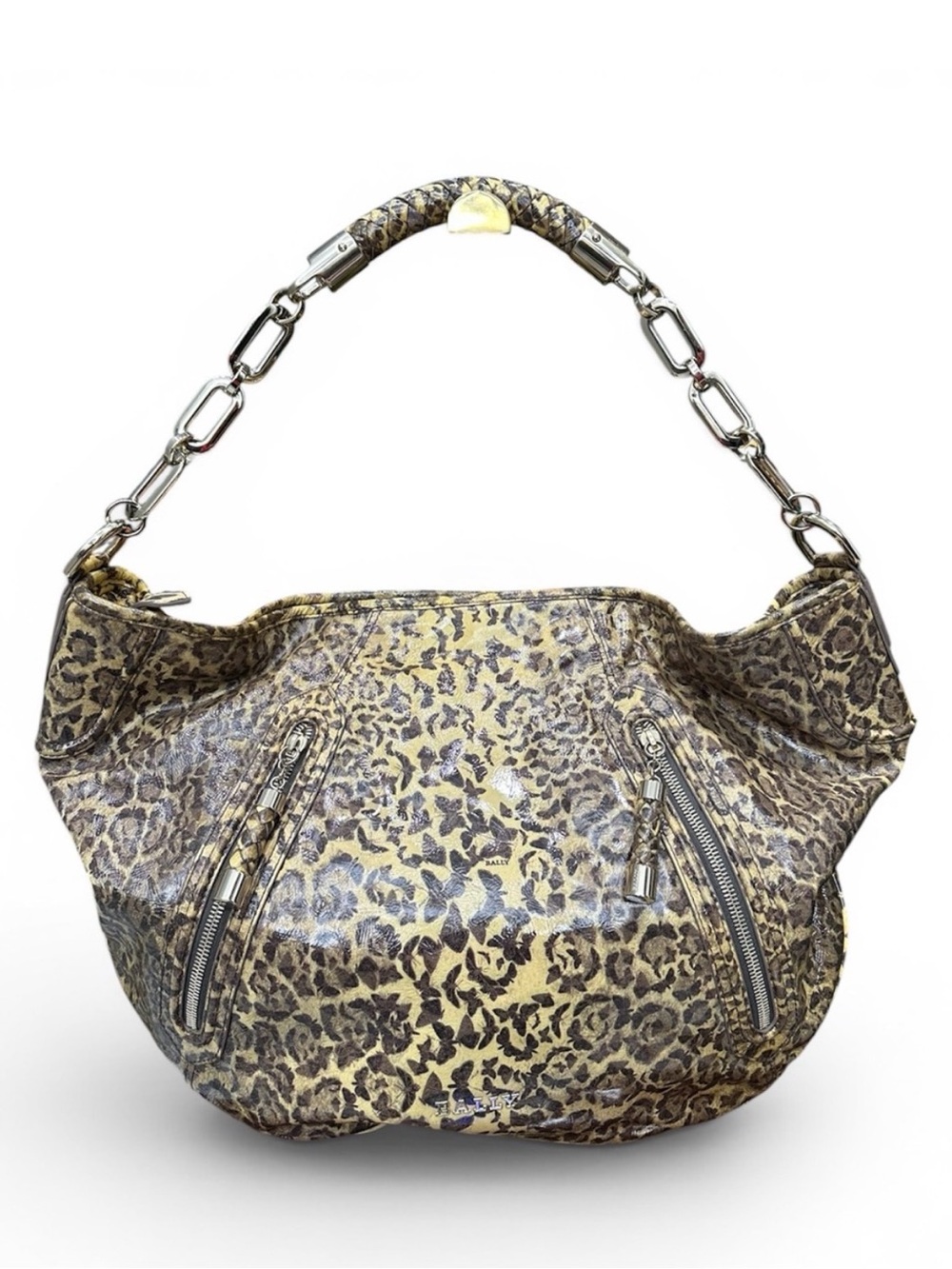 Bally Joletta/85 Granite Calf Patent Leather Butterfly Print Shoulder Bag EUC